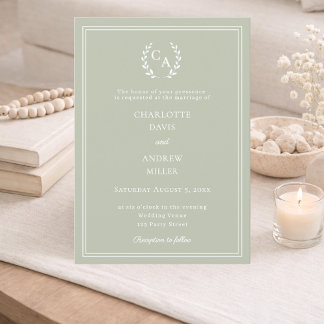 Sage green wreath monogram simple wedding  invitation