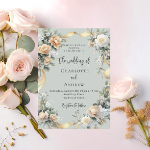 Sage green yellow florals gold wedding invitation