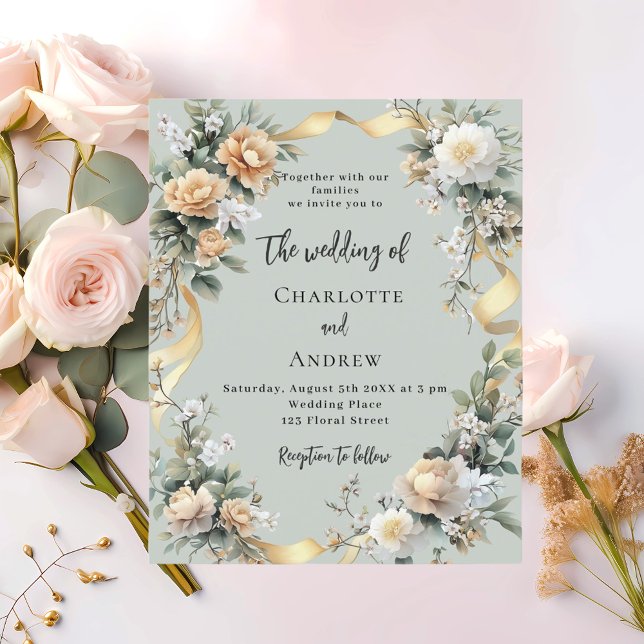 Sage green yellow florals gold wedding invitation (Creator Uploaded)