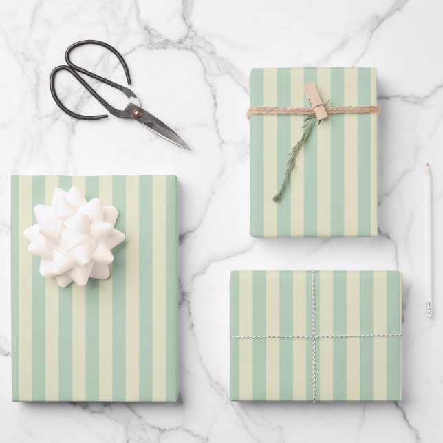 Sage Green & Yellow Stripes Wrapping Paper Sheet (Front)