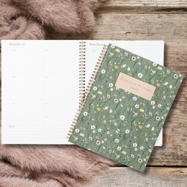 Sage Green Yellow White Wildflowers Boho Yearly Planner (Sage Green with pink yellow and white flowers yearly planner,. Personalized with 2 lines of text.)