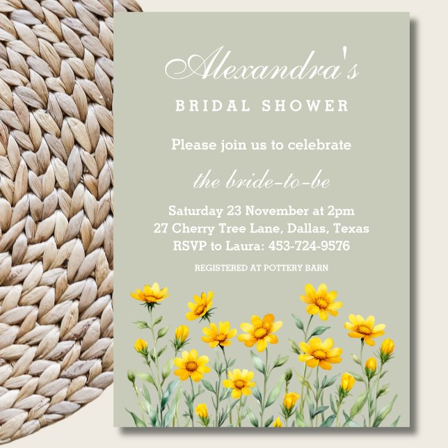 Sage Green  Yellow Wildflower Spring Bridal Shower Invitation (Creator Uploaded)