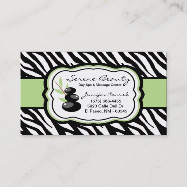 Sage Green Zebra Spa Hot Stones Business Card (Front)