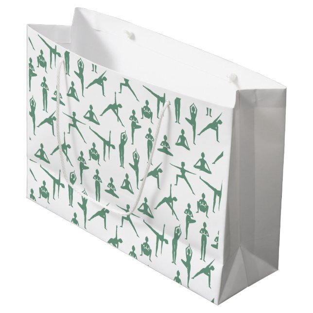 Sage Green Zen Yoga Poses Pattern Large Gift Bag (Front Angled)