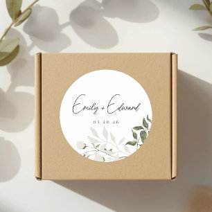 Sage Greenery and White Floral Wedding Envelope Classic Round Sticker