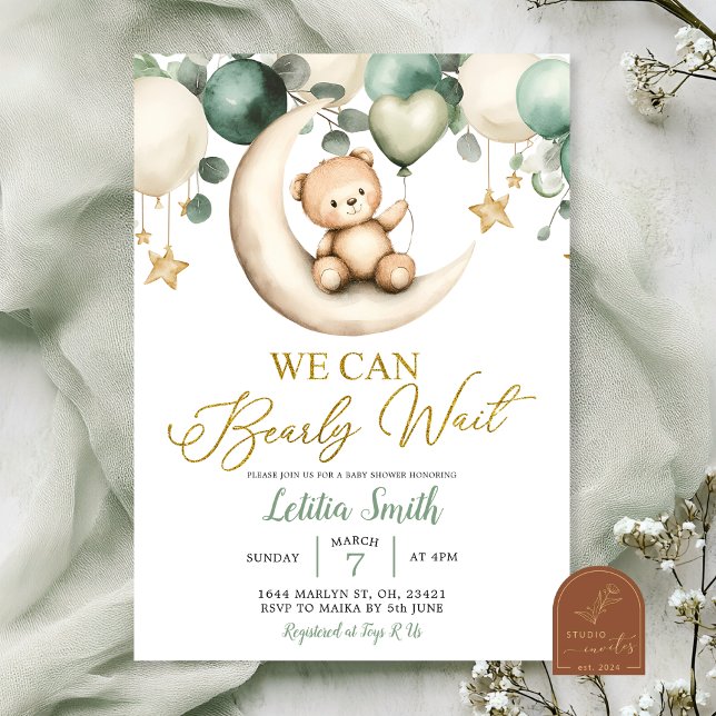Sage Greenery Bearly Wait Neutral Baby Shower Invitation (Creator Uploaded)