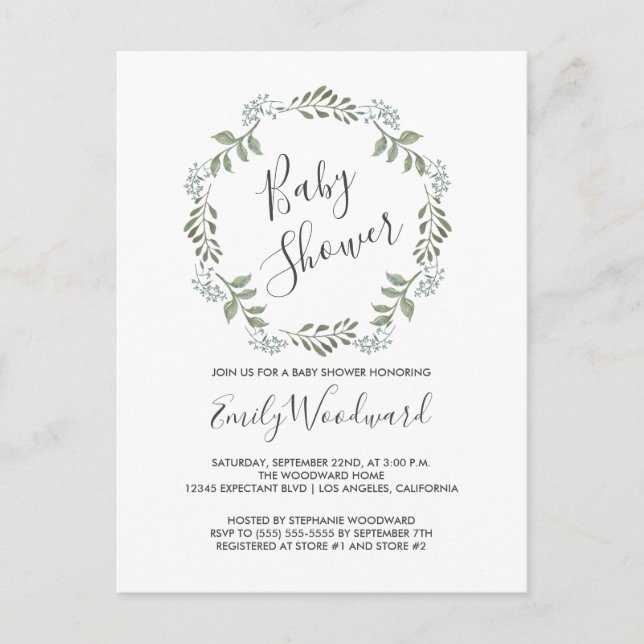 Sage Greenery Botanical Wreath Baby Shower Invitation Postcard (Front)