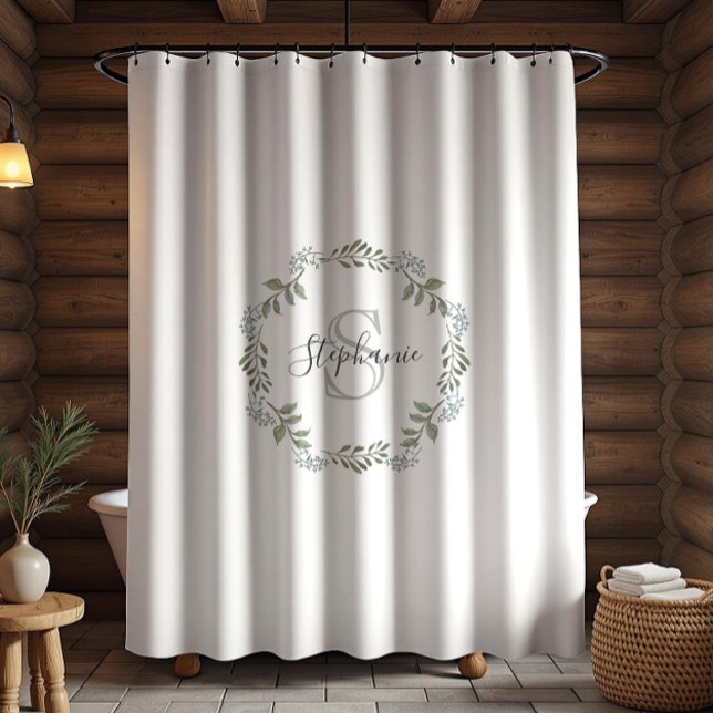 Sage Greenery Botanical Wreath Monogram Shower Curtain (Creator Uploaded)