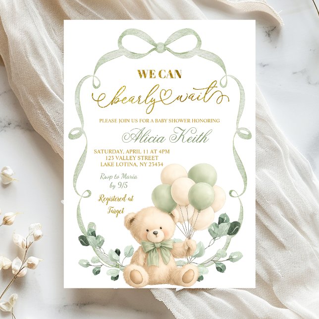 Sage Greenery Bow Coquette Bear Baby Shower Invitation (Creator Uploaded)
