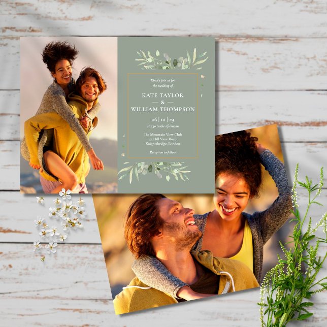 Sage Greenery Budget Photo Wedding Invitation (Creator Uploaded)