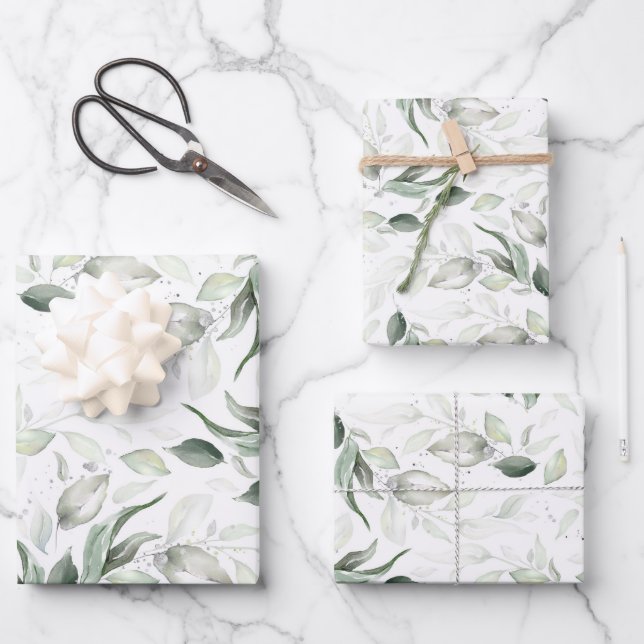 Sage Greenery Elegant Soft Silver Foliage Wrapping Paper Sheet (Front)