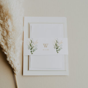 Sage Greenery Eucalyptus Gold Monogram Wedding Invitation Belly Band