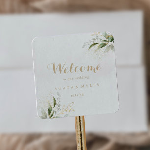 Sage Greenery Eucalyptus Gold Wedding Welcome Square Sticker