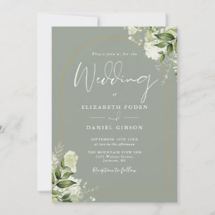 Sage Greenery Floral Gold Arch Monogram Wedding Invitation