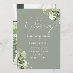 Sage Greenery Floral Gold Arch Photo Wedding Invitation