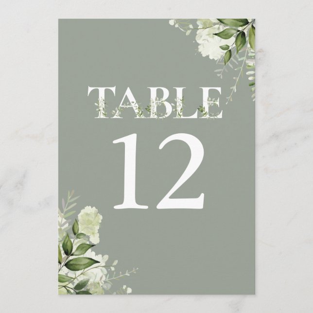 Sage Greenery Floral Typography Table Number (Front)