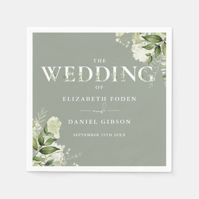 Sage Greenery Floral Typography Wedding Napkin (Front)