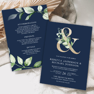 Sage Greenery Gold Ampersand Navy Blue Wedding Invitation