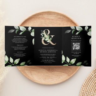 Sage Greenery Gold Ampersand QR Code Black Wedding Tri-Fold Invitation