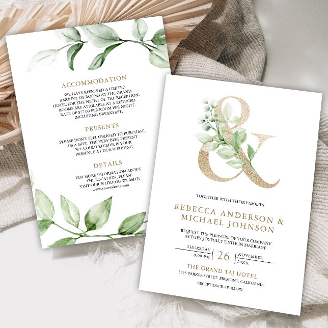 Sage Greenery Gold Ampersand White Wedding Invitation (Creator Uploaded)