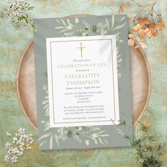 Sage Greenery Gold Christian Celebration of Life Invitation (Sage Greenery Gold Christian Celebration of Life Invitation)
