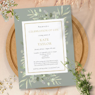 Sage Greenery Gold Funeral Celebration of Life Invitation
