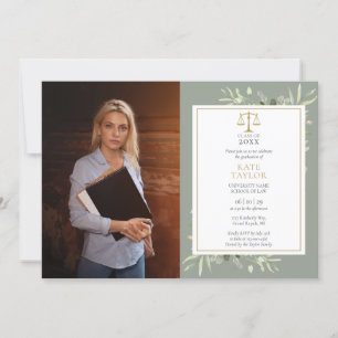 Sage Greenery Gold Law School Graduation Photo Inv Invitation