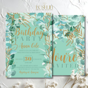 Sage Greenery Leaves Birthday Elegant Modern Invitation
