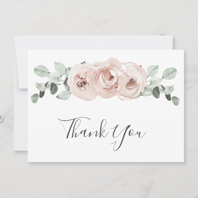 Sage Greenery Pink Floral Dusty Rose Wedding Thank You Card (Front)