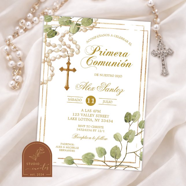 Sage Greenery Rosary Catholic Primera Comunion Inv Invitation (Creator Uploaded)