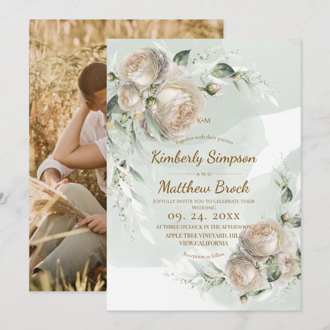 Sage Greenery Rose Wedding Invitation (Front/Back)