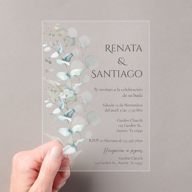 Sage Greenery Spanish Wedding Acrylic Invitations (Insitu (Handheld))