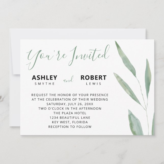 Sage Greenery Wedding Invitation, Botanical Invitation (Front)