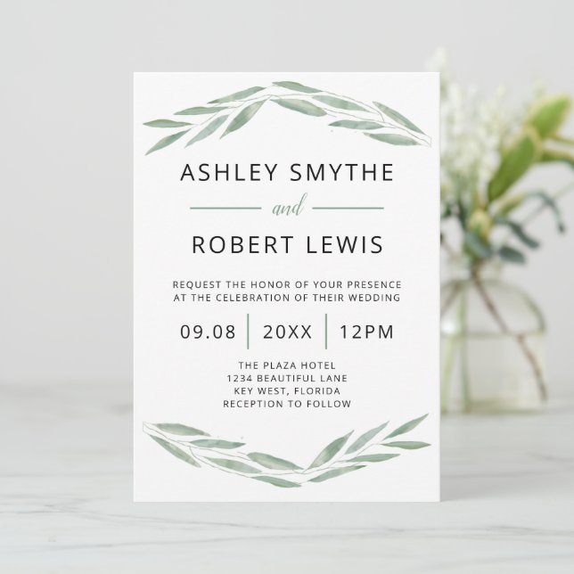 Sage Greenery Wedding Invitation, Watercolor Invit Invitation (Standing Front)