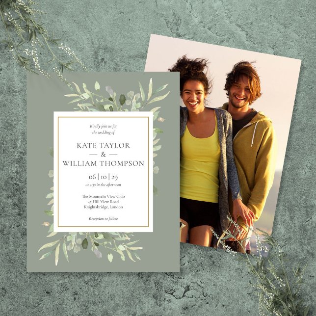 Sage Greenery Wedding Photo Invitation Postcard (Sage Greenery Wedding Photo Invitation Postcard)