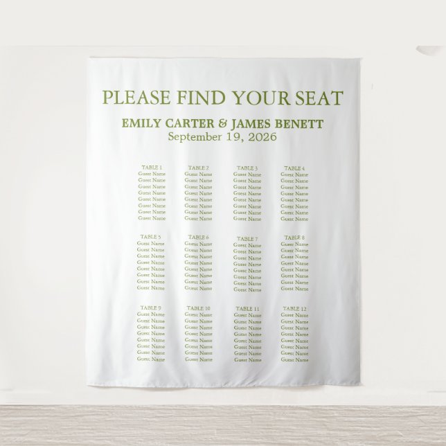 Sage Greenery Wedding Seating Chart Backdrop Tapestry (Front)