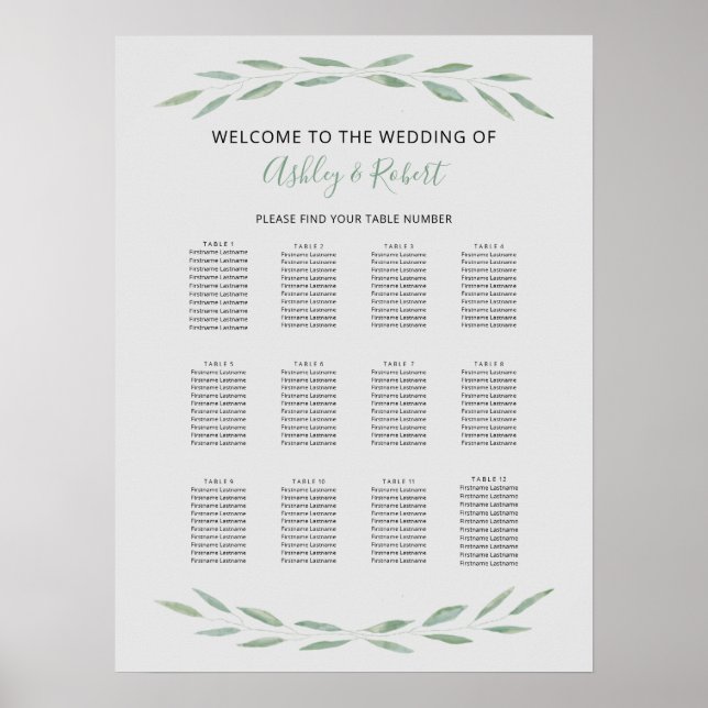 Sage Greenery Wedding Seating Chart, Botanical Poster (Front)