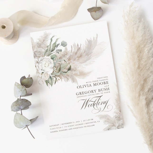 Sage Greenery White Flowers Pampas Grass Wedding Invitation (Creator Uploaded)