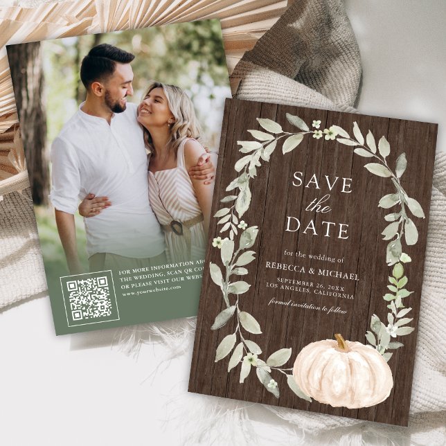 Sage Greenery White Pumpkin Wood Wedding Photo Save The Date (Creator Uploaded)