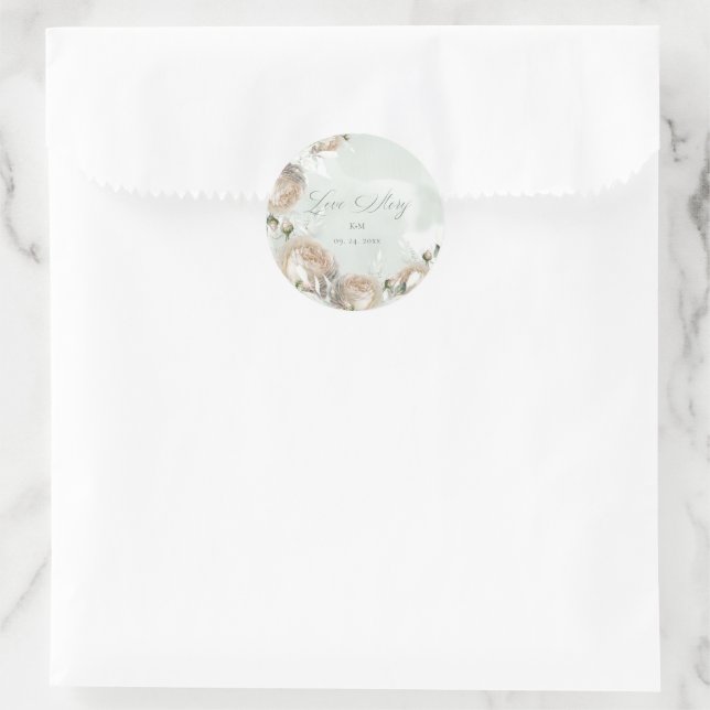 Sage Greenery White Rose Wedding Classic Round Sticker (Bag)
