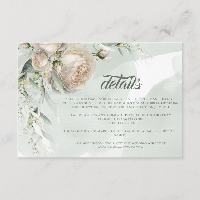 Sage Greenery White Rose Wedding Enclosure Card (Front)