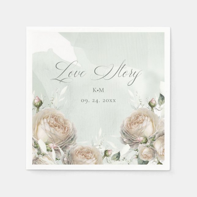 Sage Greenery White Rose Wedding Napkin (Front)