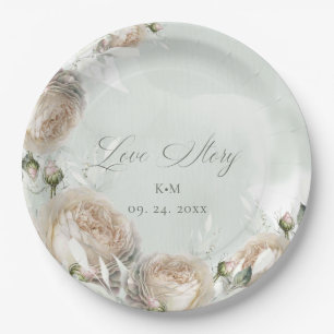 Sage Greenery White Rose Wedding Paper Plate