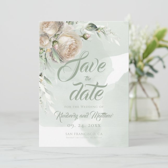 Sage Greenery White Rose Wedding Save The Date (Standing Front)