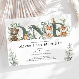 Sage Greenery Woodland Animals 1st First Birthday Invitation