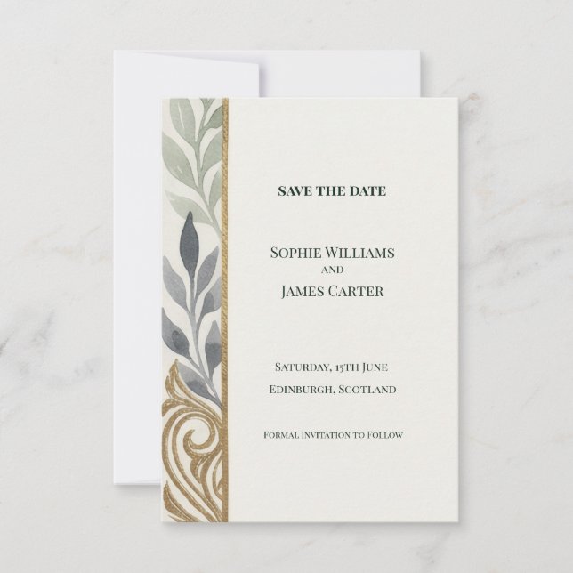 Sage Grey Botanical Save The Date Card (Front)