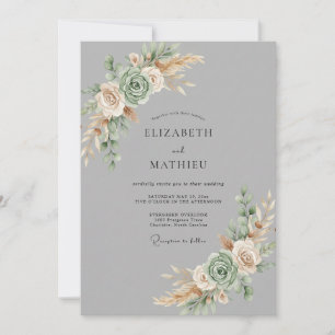 Sage Grey Botanical Watercolor Wedding Invitation