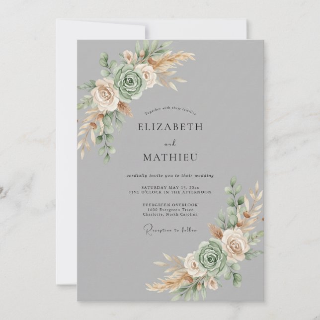Sage Grey Botanical Watercolor Wedding Invitation (Front)