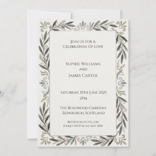 Sage Grey Decorative Leaf Border Wedding Invitation