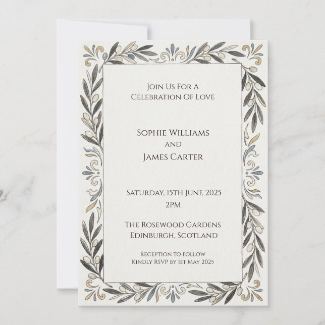 Sage Grey Decorative Leaf Border Wedding Invitation (Front)